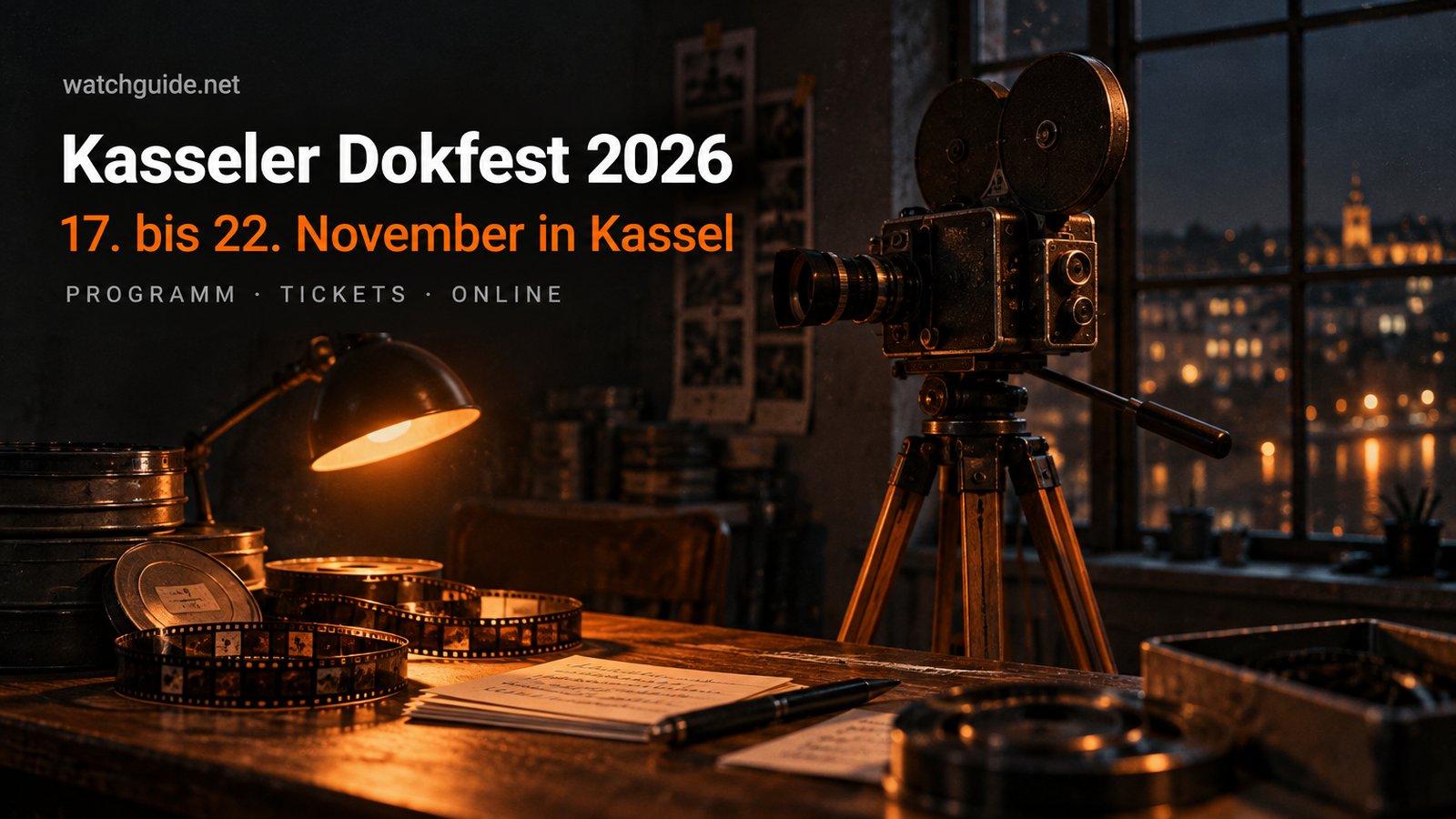 Alte 16-mm-Dokumentarfilmkamera auf einem Stativ im warmen Lampenlicht, dazu der Schriftzug Kasseler Dokfest 2026, 17. bis 22. November in Kassel