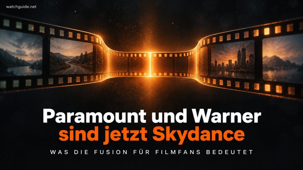 Zwei Filmstreifen laufen von links und rechts aufeinander zu und verschmelzen in orangem Licht, darunter der Titel Paramount und Warner sind jetzt Skydance