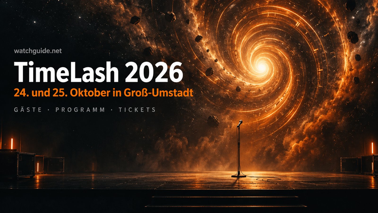 Wirbelnder Zeittunnel aus orangefarbenem Licht über einer dunklen Bühne, dazu der Schriftzug TimeLash 2026, 24. und 25. Oktober in Groß-Umstadt